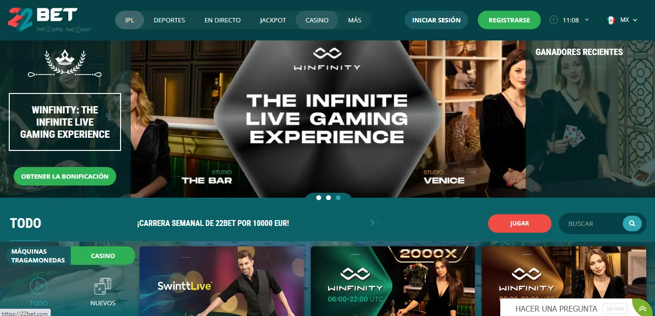 La página del casino online 22Bet en México Diseño del casino