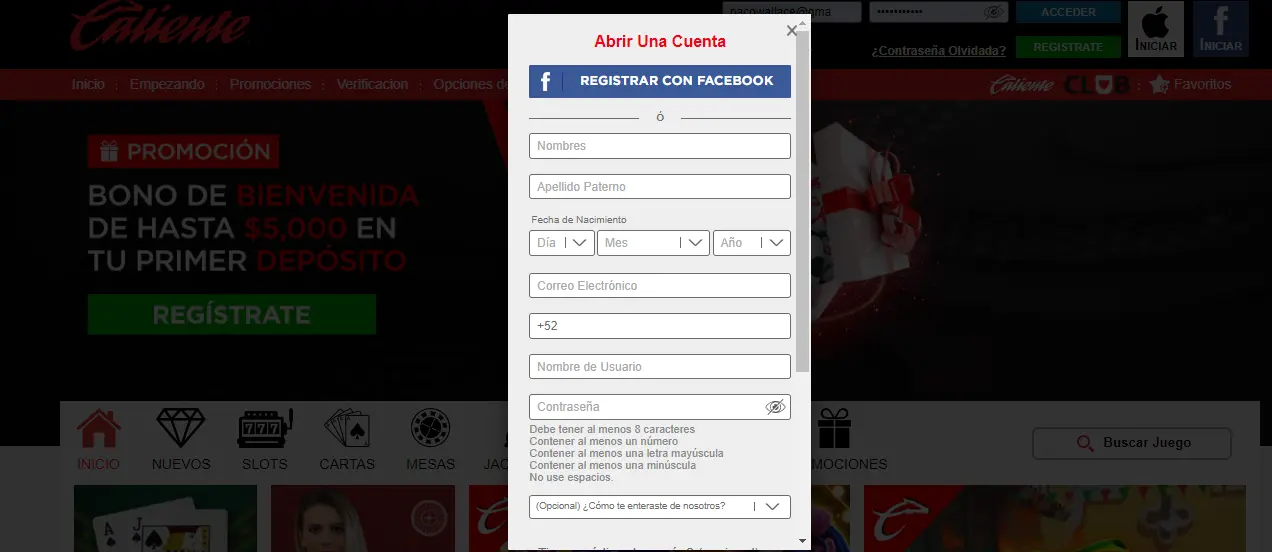 Página de registro de Caliente México Registro Caliente
