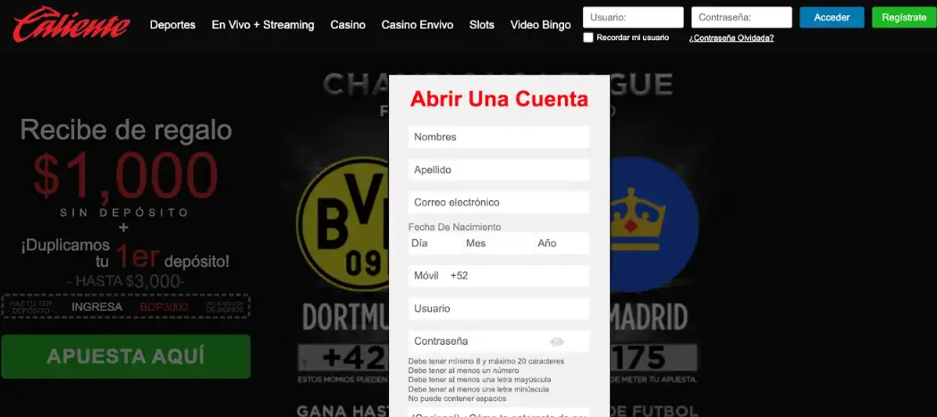 Registro en Caliente Casino MX Registro Caliente Casino