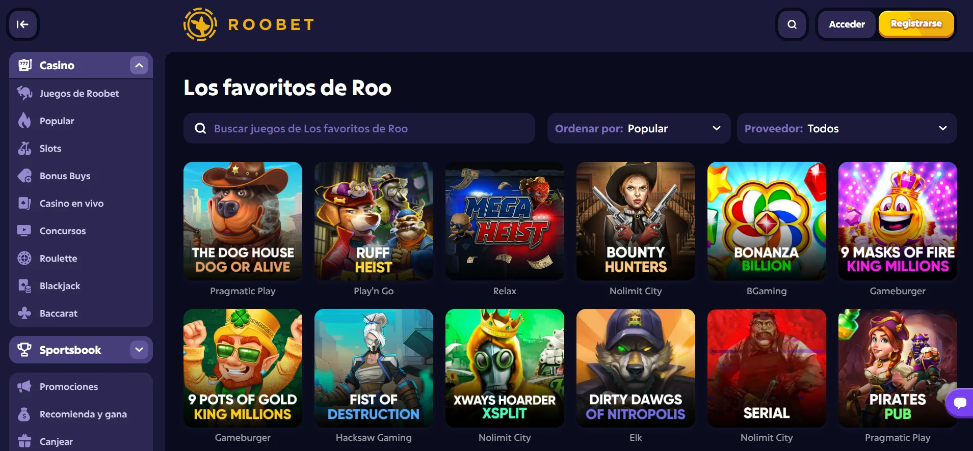 Variedad de juegos y proveedores en Roobet Litecoin casinos México juegos