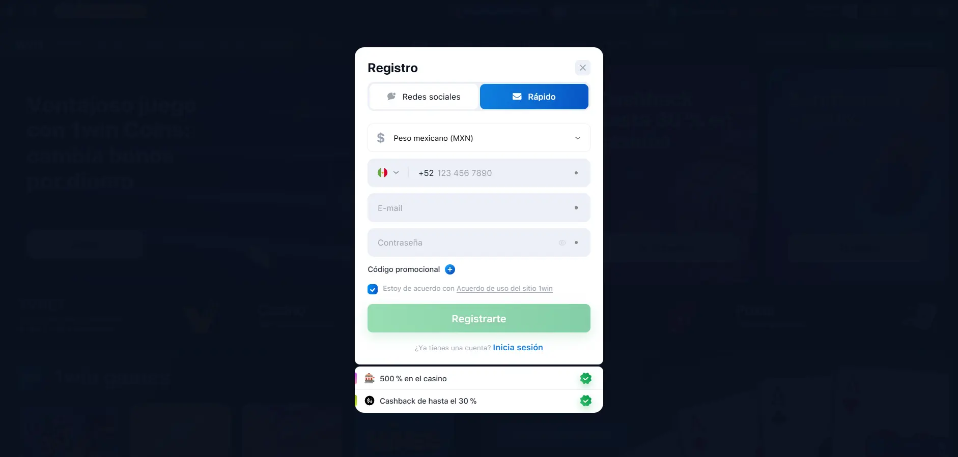 1win registrarse e iniciar sesión 1win login