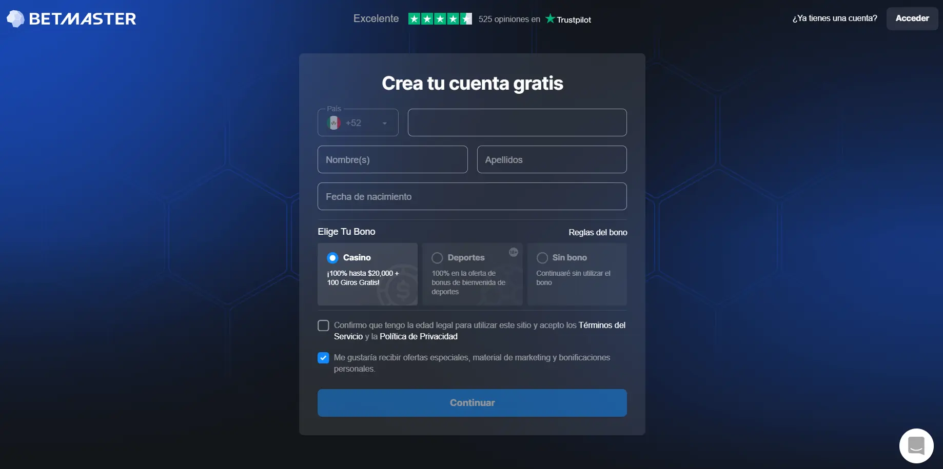 Registrar una cuenta Betmaster Betmaster registro